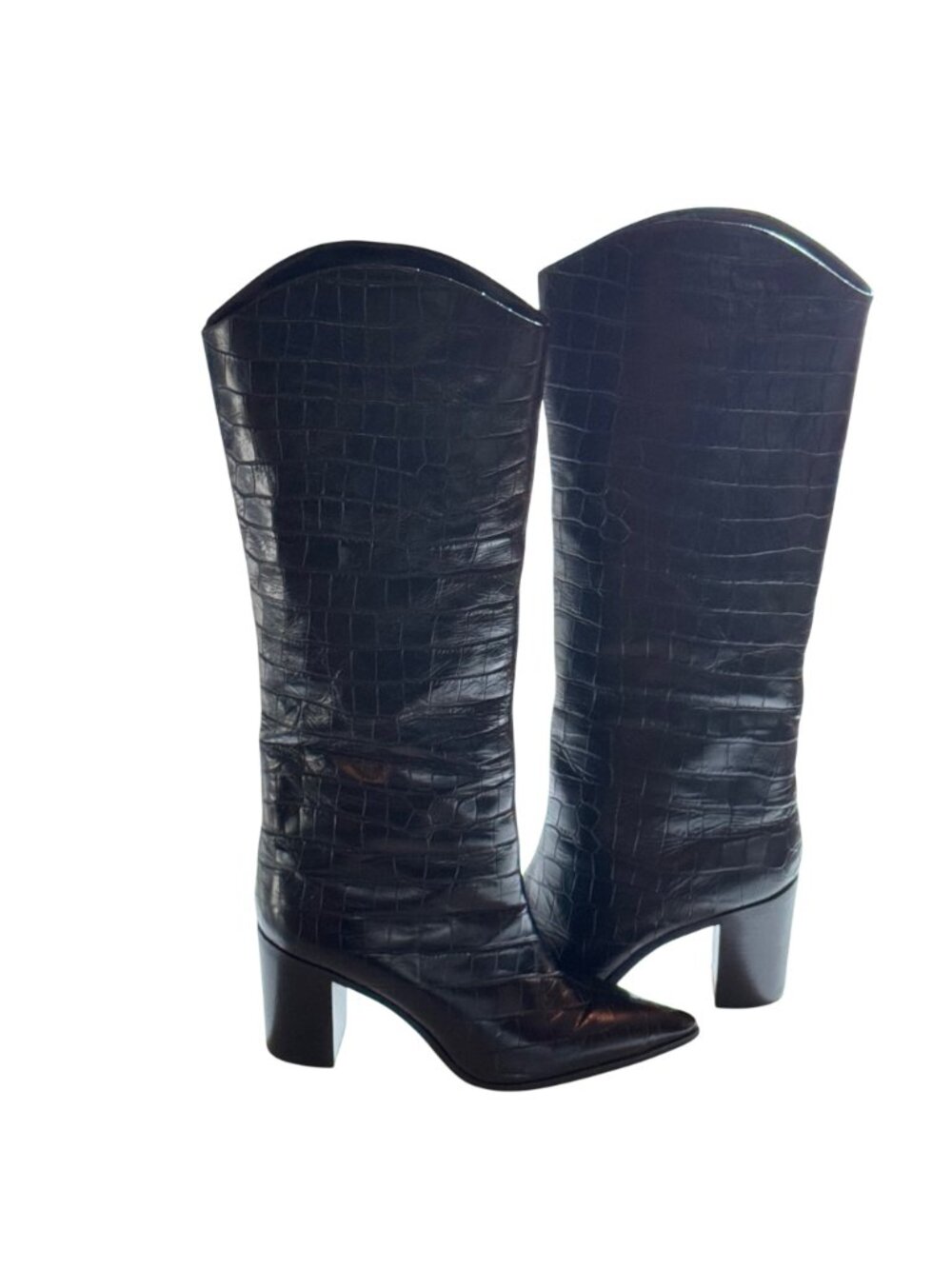 Schutz Mariana Black Crocodile-Embossed Leather Knee-High Black Boots 9.5B - Picture 4 of 14